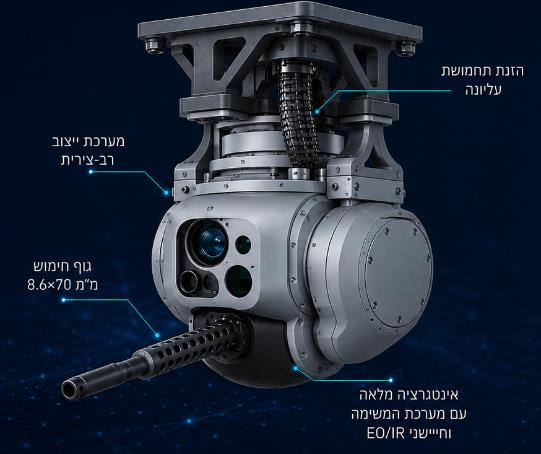 מטע״ד קינטי מוטס עם הזנת תחמושת עליונה, ייצוב רב־צירי וחיישני EO/IR